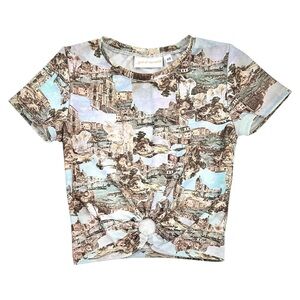 Girl Of The Earth Upcycled Blue Brown Printed Short Sleeve Top w/ Ring Cutout